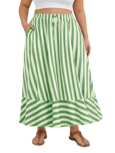 Beautife Women's Plus Size Striped Maxi Skirt Boho Drawstring Elastic Waist A Line Flowy Beach Long Skirts with Pockets Green - Image 1