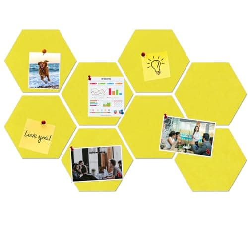 HULAVO Large Hexagon Felt Cork Board Tiles, Self Adhesive DIY Felt Bulletin Board Pin Board with 35 Pushpins for Office School Home Wall Decor Stickers Memos Photos Display(Yellow) - Image 1