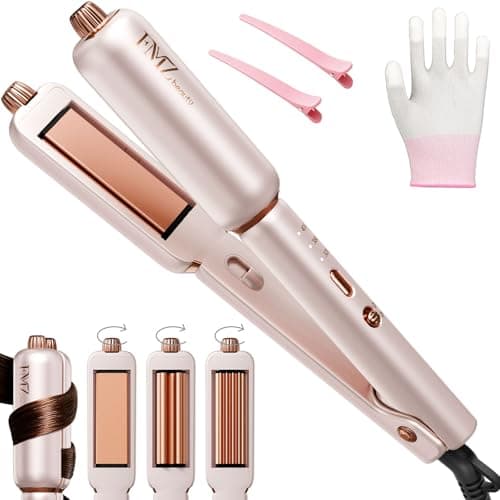 FMZ Pink Flat Iron Hair Straightener Curler Crimper for Women, 4 in 1 Professional Ionic Hair Styling Irons for Straightening, Crimping, Curling, Dual Voltage, Auto Shut-Off, Small Portable for Travel - Image 1