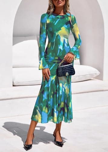 Lazysmile Women's Long Sleeve Floral Maxi Dresses Fall Formal Crewneck Bodycon Mesh Ruffle Wedding Guest Cocktail Party Dress Green - Thumbnail 6