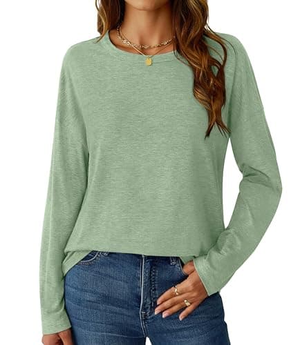 GKBK Long Sleeve Shirts for Women Crew Neck Basic Tops Casual Loose Fitted Fall Clothes 2025 LightGreen XL - Image 1