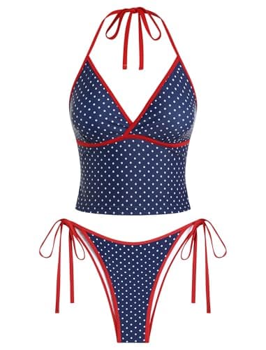 Jillumi Halter Tankini Swimsuits for Women Cute V Neck Halter Cute Bathing Suit Tie Side Thong Two Piece Swimsuit (Navy Polka Dots S) - Image 1