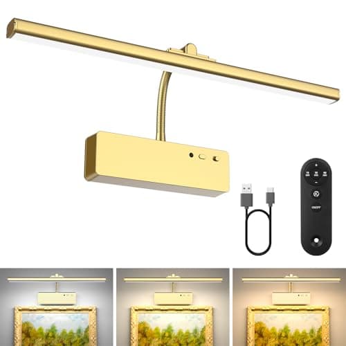 Lightbiz Picture Light, 15.35inch 5400mAh Rechargeable Picture Lights for Wall Battery Operated Wall Light, 3 Colors Paintings Light Dimmable Art Light for Artwork, Gallery (Gold) - Image 1