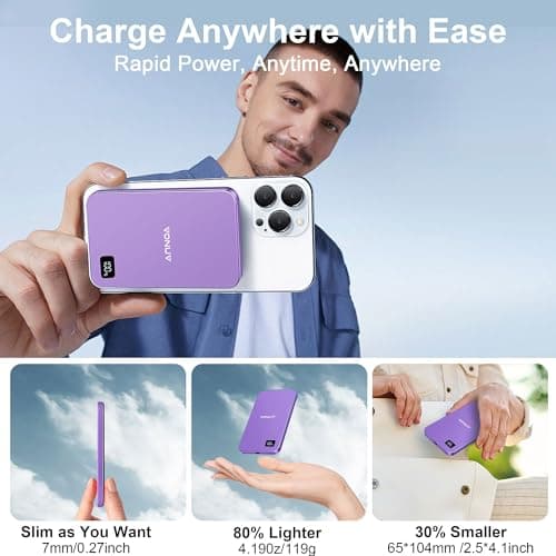 Magnetic Portable Charger 5000mAh, 15W Ultra Slim Wireless Portable Charger, Fast Charging for iPhone 17/16/15/14/13/12 Pro/Pro Max/Plus, Metal Shell, USB-C Cable to Charge Other Phones (Purple) - Thumbnail 6