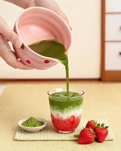 Joiish Strawberry Matcha Whisk Set, Cute Strawberry Pattern Matcha Kit, 5-PC Complete Ceremony Tea Set Gift for Women | Ceramic Bowl with Spout, Bamboo Whisk, Holder, Sifter, Scoop | Pink - Thumbnail 5