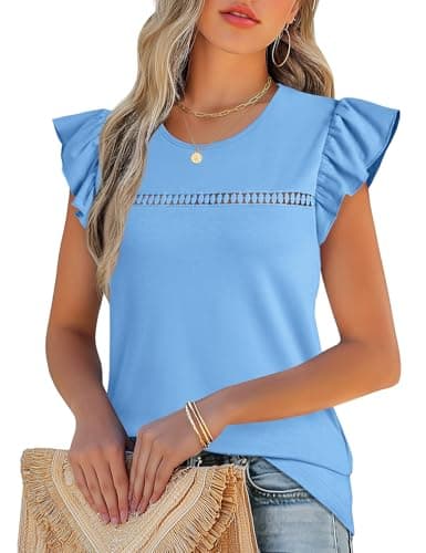 JUSTFASHIONNOW Ruffle Short Sleeve Tops for Women Cute Summer Shirts Dressy Casual Blouses Crew Neck Tshirts 2026 Trendy Clothes(Blue,Medium) - Thumbnail 2