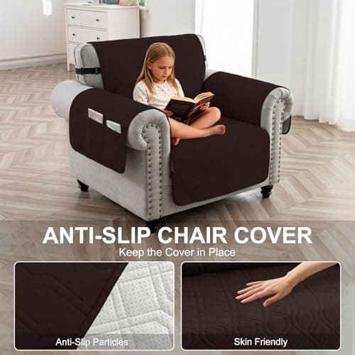 Eusalioy 100% Waterproof Couch Cover for Armchair, Anti-Slip Washable Sofa Cover with Elastic Straps & Side Pockets, Durable Furniture Protector for Kids, Pets & Dogs (23", Chocolate) - Thumbnail 4