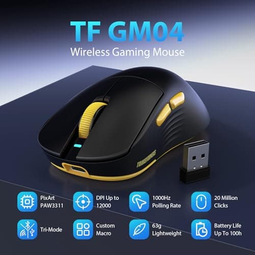 Transformers GM04 63g Lightweight Wireless Gaming Mouse, 12000 DPI, PAW3311 Sensor, 100h Battery Life, 2.4G/USB-C/Bluetooth Wireless Mouse with 5 Programmable Buttons for PC/Mac/Laptop(Black) - Thumbnail 2