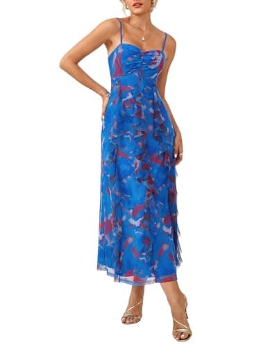 GRACE KARIN Women's Summer Floral Maxi Dress Spaghetti Strap Ruffle Wedding Guest Dresses Beach Long Mesh Sundress Light Blue L - Image 1