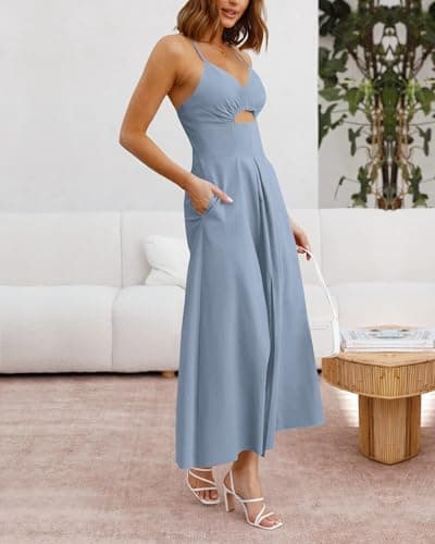 BTFBM Women 2026 Spaghetti Strap Midi Summer Dresses Sleeveless V Neck Cutout Slit Casual Beach Party Maxi Dress Pockets(Grey Blue, XX-Large) - Thumbnail 3