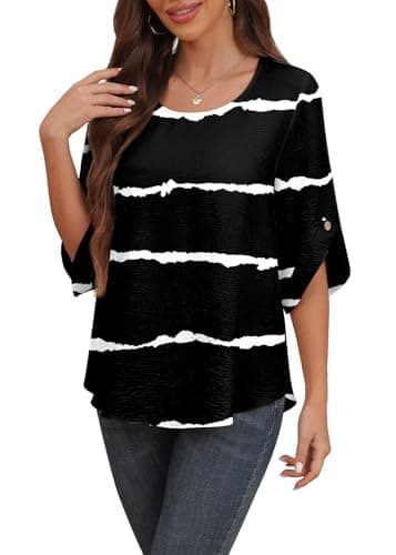 Askyes Womens Plus Size Short Sleeves Chiffon Blouses Casual Summer Work Blouse Shirts for Work,Black Stripe,2XL - Image 1