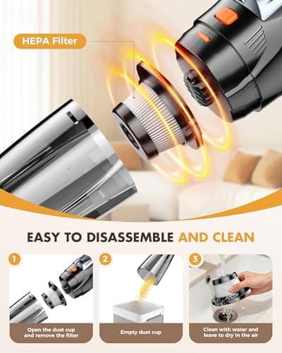 Handheld Vacuum Cordless 25000PA Powerful Suction, Portable Car Vacuum, 3 in 1 Hand Held Vacuum Rechargeable 8000mAh with LED Light, HEPA Filter, Home, Car Seats, Office, Pet Hair, Dust Buster - Thumbnail 4