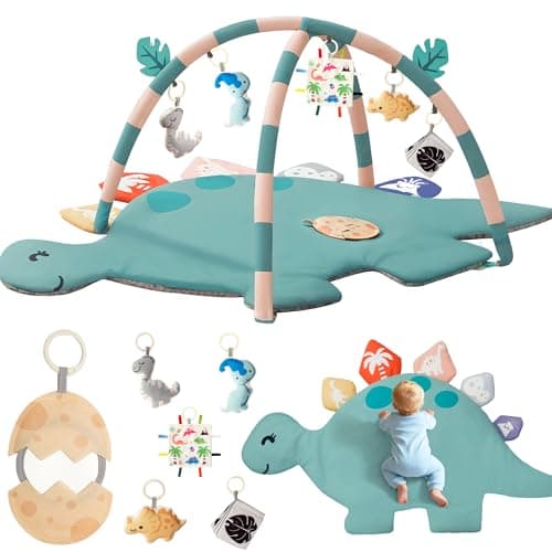 Baby Tummy Time Mat, Oversize Dinosaur Shaped Baby Play Gym Mat with 6 Toys, Play Mat for Babies 0-6-12 Months Promotes Motor Skills & Sensory Development, Newborn Essentials Infant Shower Gift