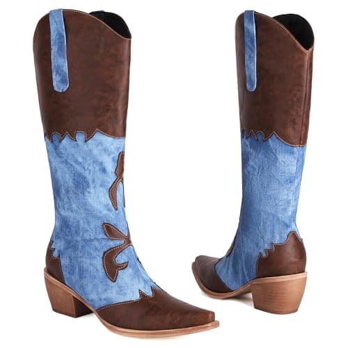 Cozivwaiy Women Denim Cowboy Boots Jean Knee High Cowgirl Boots Western Brown Boot Mid Calf Jean Blue Boot Pointed Toe Chunky Heel Pull On Size 8 - Image 1