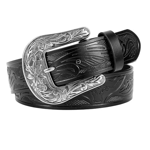Vintage Western Leather Belt with Big Silver Buckle - 1.5" Wide Mens Vintage Leather Belt & Womens Western Belt with Buckle, Embossed Pattern for Jeans, Western Cowboy Belt for Men and Cowboy Girl - Image 1