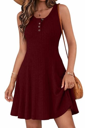Lazysmile Summer Sleeveless Dresses for Women Crewneck Button Down Ribbed Knit A Line Casual Short Dress Wine Red - Image 1