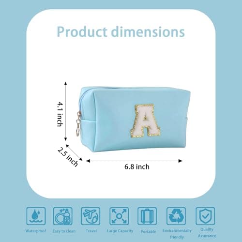 Makeup Bag Initial Preppy Patch Bag,Small PU Leather Travel Cosmetic Bag Pouch with Zipper, Blue Cute Toiletry Bag,Gift Ideal for Teen Girls Women Birthday Friend Mom, Latter A - Thumbnail 2