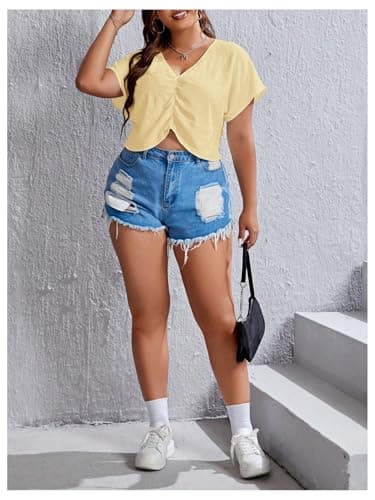 MakeMeChic Women's Plus Size Ruched Front Short Sleeve Shirts Casual V Neck Crop Top Blouse Yellow 3X-Large Plus - Thumbnail 5