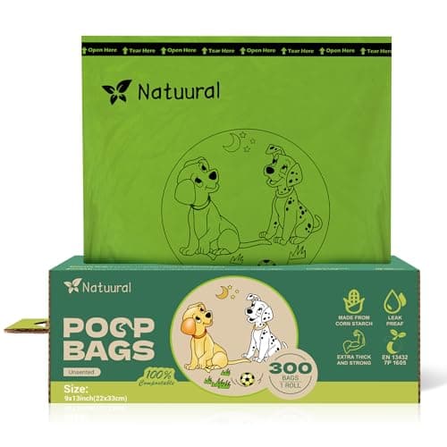Compostable Dog Poop Bags-300 Bags 1Rolls, Poop Bags for Dogs Made of Cornstarch, Unscented, Ideal for Backyard Pickups