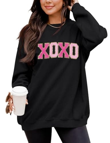 LETSEE Valentines Sweatshirt for Women Glitter Patch Valentine Letter Pullover Tops Chenille Patch Oversized Clothes(Black, Large) - Image 1