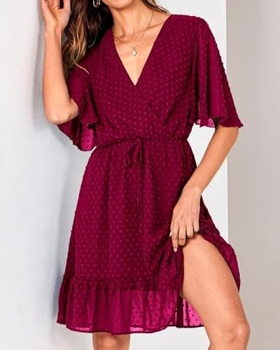 KIRUNDO Womens Summer Dresses 2026 Casual Spring Short Sleeve V Neck Ruffle Swiss Dot High Waist Belted Flowy Mini Dress, Style2-wine Red, Medium - Thumbnail 4