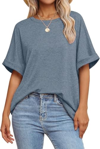 GKBK Womens Oversized T Shirts Crew Neck Short Sleeve Tops Spring Summer Business Dressy Casual Loose Fit Workout Work Basic Tee Shirt 2026 Beach Vacation Trendy Fashion Clothes Outfit Grey-Blue M - Image 1