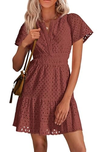 PRETTYGARDEN Womens 2025 Summer Short Dress V Neck Short Sleeve A Line Hollow Out Lace Ruffle Cute Casual Beach Party Dresses (Brown Red,Large) - Image 1