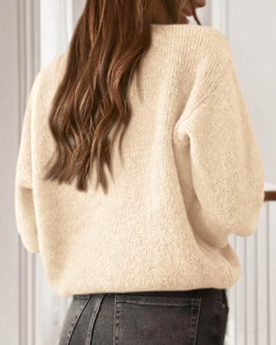 KIRUNDO Women’s Cardigans Casual Loose Button Up Long Sleeve Crewneck Knit Cardigan Sweaters Open Front Outerwear Coats(Cream, XX-Large) - Thumbnail 2