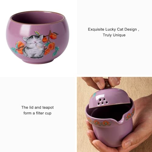 Mini Tea Cups,Cute Lucky Cat Cups,Small Tea Mugs,Porcelain Gongfu Tea set with 3 in 1,Tea Sets for Adults,Ceramic Tea Infuser Cup for Loose Leaf for Women/Tea Lovers/Birthday/Valentine's Day (Purple) - Thumbnail 5