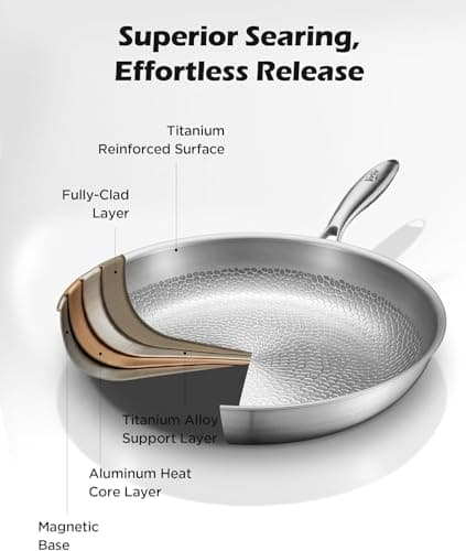 VocVoi Titanium pans for cooking Non Stick with lid,10"+12" Uncoated Hammered titanium pro frying pan, PFAS Free Cookware, Butter warmer skillet, Induction & Oven-Safe - Thumbnail 4