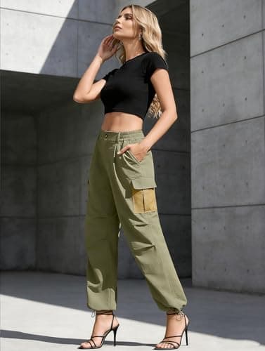 LOOKBOHO Cargo Pants Women 2026 Summer Color Block Pockets Lightweight Travel Drawstring Casual Straight Leg Trousers Army Green Large - Thumbnail 5