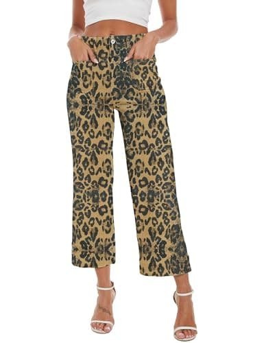 DAOAO Leopard Pants Women High Waisted Stretchy Wide Leg Jeans Woman Cropped Denim Fall Pants Trendy M - Thumbnail 2