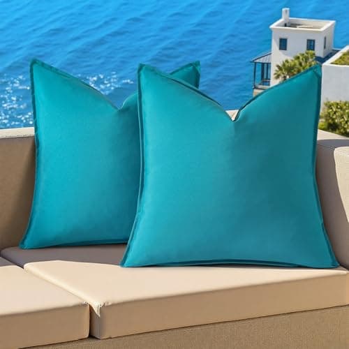 decorUhome Waterproof Faux Linen Outdoor Throw Pillow Covers 18x18 Inch Set of 2 Decorative Vibrant Farmhouse Pillow Cases with Flange Edges for Summer Couch Garden Patio Balcony Porch, Aqua Blue - Image 1