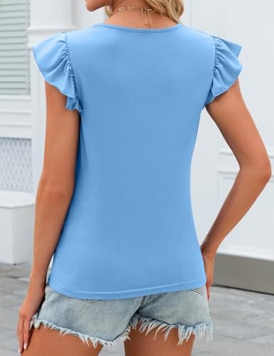 JUSTFASHIONNOW Ruffle Short Sleeve Tops for Women Cute Summer Shirts Dressy Casual Blouses Crew Neck Tshirts 2026 Trendy Clothes(Blue,Medium) - Thumbnail 3
