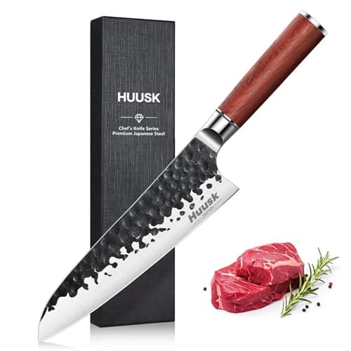 Huusk Japanese Chef Knife, 8 Inch Gyuto Knife with Hand Forged Carbon Steel Blade, Profesional Kitchen Chef Knives with Rosewood Handle, Razor Sharp Japanese Cooking Knives, Gifts Idea for Men & Women - Image 1
