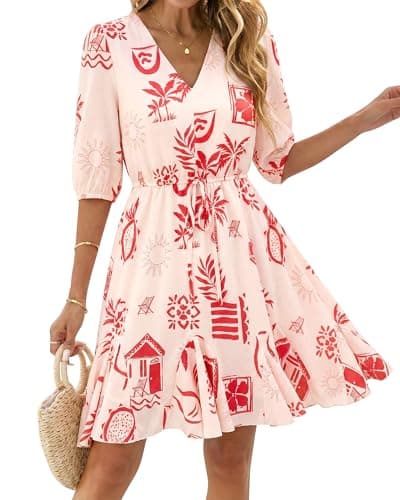 BTFBM Women Summer Spring Floral Boho Dress 2026 V Neck Short Sleeve Ruffle Beach Vacation Clothes Wedding Guest Dresses(Floral Apricot Red, Medium) - Image 1