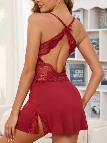 XJG Sexy Night Gowns for Women Babydoll Lingerie Dress Lace Trim Sleep Dress Chemise Nightgowns Side Split Nighty Dark Red - Thumbnail 3