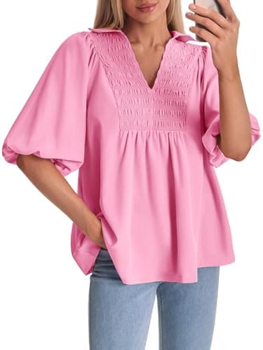 Cicy Bell Womens Summer Puff Sleeve Blouses Smocked V Neck Babydoll Peplum Casual Tunic Tops Loose Fit Pleated Shirts Pink - Image 1