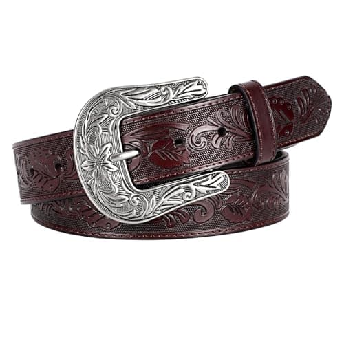 Vintage Western Leather Belt with Big Silver Buckle - 1.5" Wide Mens Vintage Leather Belt & Womens Western Belt with Buckle, Embossed Pattern for Jeans, Western Cowboy Belt for Men and Cowboy Girl - Image 1