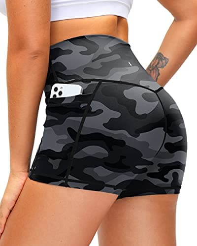 Soothfeel Women's High Waist Yoga Shorts with Side Pockets Tummy Control Running Gym Workout Biker Shorts for Women 5" /3"(3" Grey Camo, XXL) - Image 1