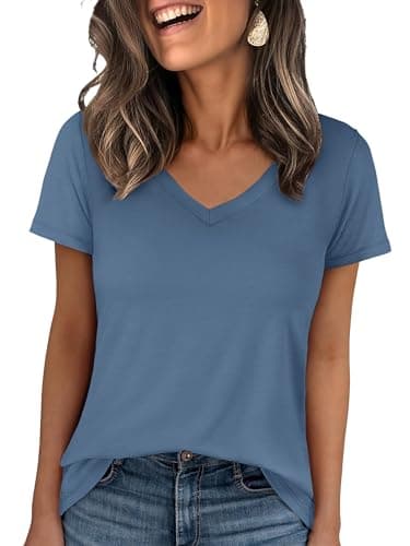 ANRABESS Womens Short Sleeve Tops Casual V Neck Wrinkle - Free Basic T Shirts Summer Cute Tee 2026 Spring Fashion Clothes Grey Blue Large - Image 1