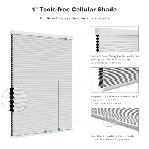 Changshade Blackout Cordless Cellular Shades for Windows,Honeycomb Blinds with Thermal Insulation,UV Protection,Child Safe,Privacy Light Control,Easy to Install（24" W x 50" H,White） - Thumbnail 4