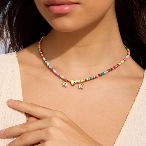 Turandoss Colorful Beaded Heart Initial Necklaces - 14K Gold Plated Heart Initial Pendant Dainty Letter K S Choker Necklaces for Women Wife Sister Jewelry Personalized Birthday Gifts - Thumbnail 2