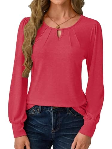 GKBK Women Long Sleeve Tops Dressy Business Casual Blouses Basic Loose Fit Crewneck Work Shirts Pleated Keyhole 2025 Fall Winter Clothes Stylish Outfits Red Medium - Thumbnail 2