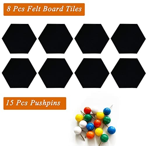 HULAVO 8Pcs Hexagon Felt Cork Board Tiles, Self Adhesive DIY Bulletin Board Pin Board for Office School Home Wall Decor Stickers Memos Photos Display (Black) - Thumbnail 2