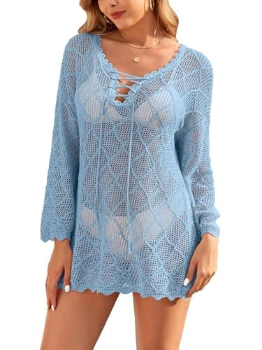 VIAURBE Women's Crochet Cover Ups 2025 Hollow Out Bathing Suit Bikini Coverup Knit Swimsuit Beach Dress Light blue 2XL - Image 1