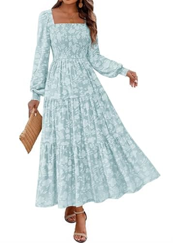 KIRUNDO Wedding Guest Dresses for Women Spring 2026 Long Sleeve Smocked Floral Flowy A Line Boho Maxi Dress Fashion Clothing (Light Blue, X-Large) - Image 1