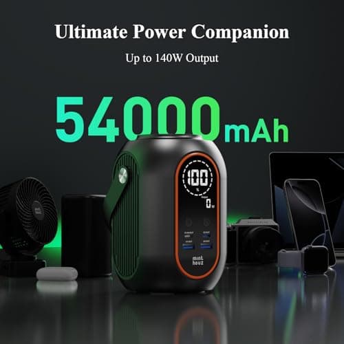 Minthouz 140w 54000mAh Laptop Power Bank with 65W Power Adapter, Versatile Camping Lighting, Wireless Charging, Smart Display, Portable Power Station for iPhone 17/16/15 Pro Max, MacBook, Dell, HP - Thumbnail 2