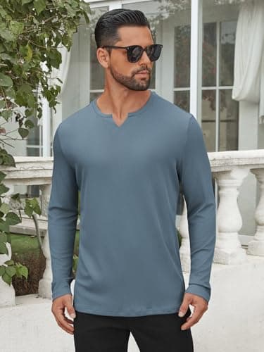 Hardaddy Men's V Neck Long Sleeve Ribbed Casual T-Shirt Classic Basic Solid Tee Shirts Blue M - Thumbnail 3