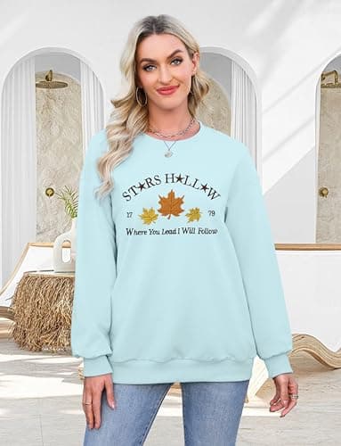 Crewneck Sweatshirt for Women Fall Leaf Graphic Sweatshirts Vacation Long Sleeve Drop Shoulder Pullover Blue - Thumbnail 4